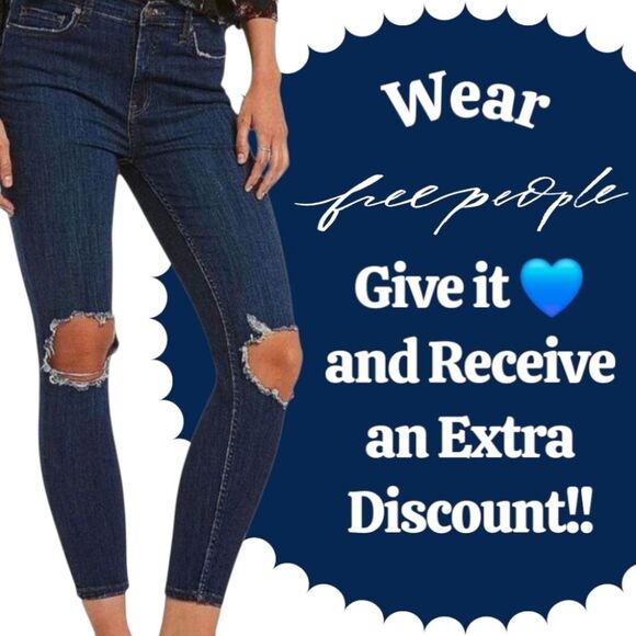 Free People Women Pants Busted Distressed High Rise Skinny Blue Jeans Size 28 - Picture 16 of 16